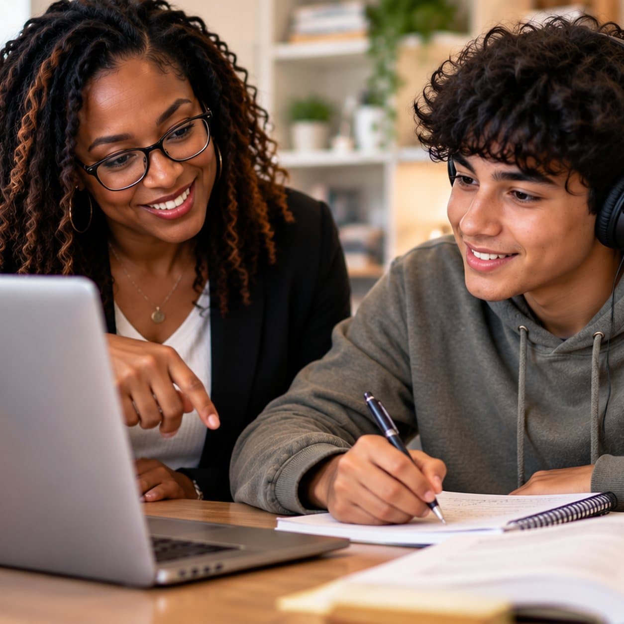 A smiling tutor pointing at a laptop beside a student who is taking notes.