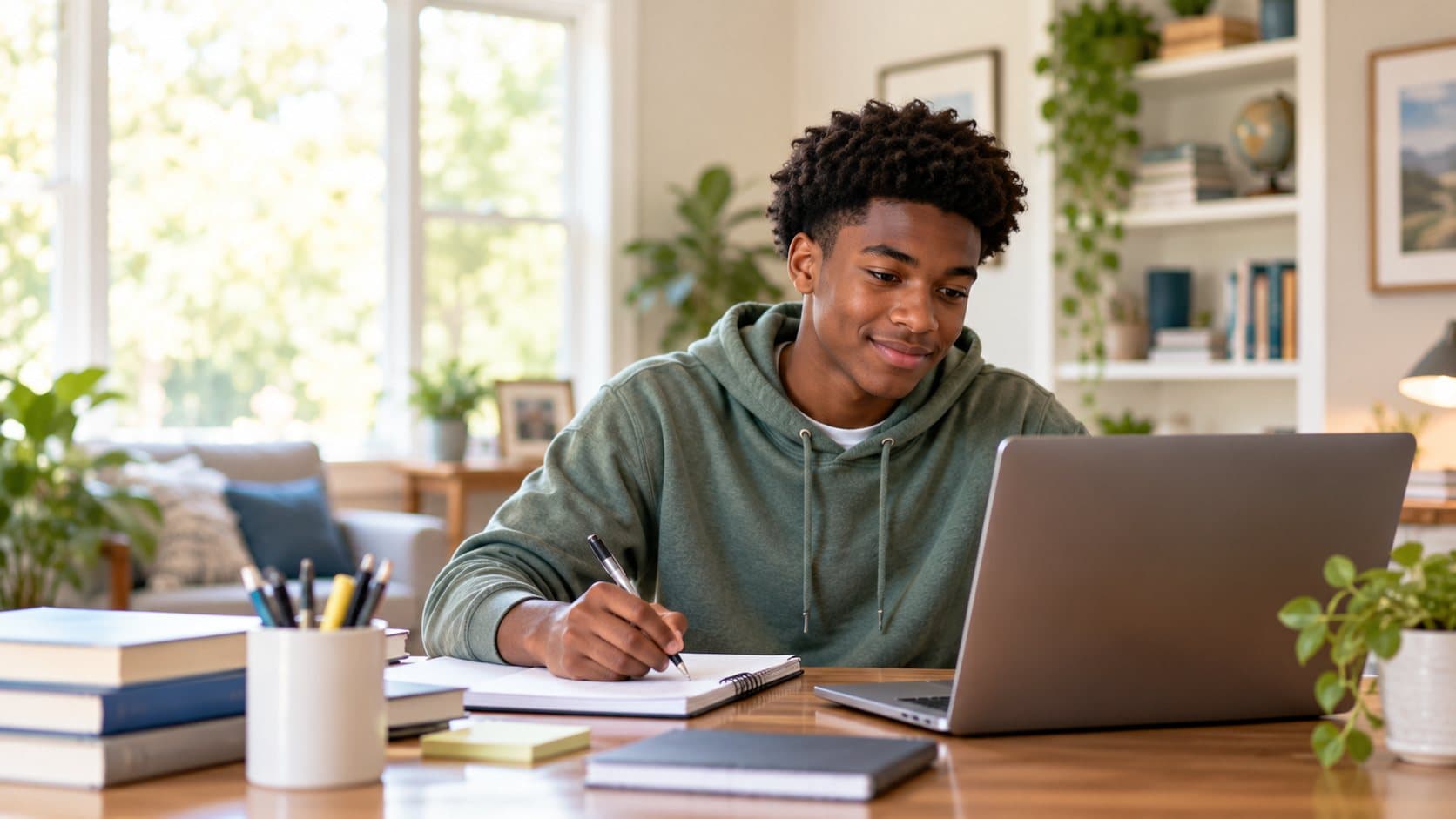 A high school student smiling at his laptop as he takes notes at a sunny table.