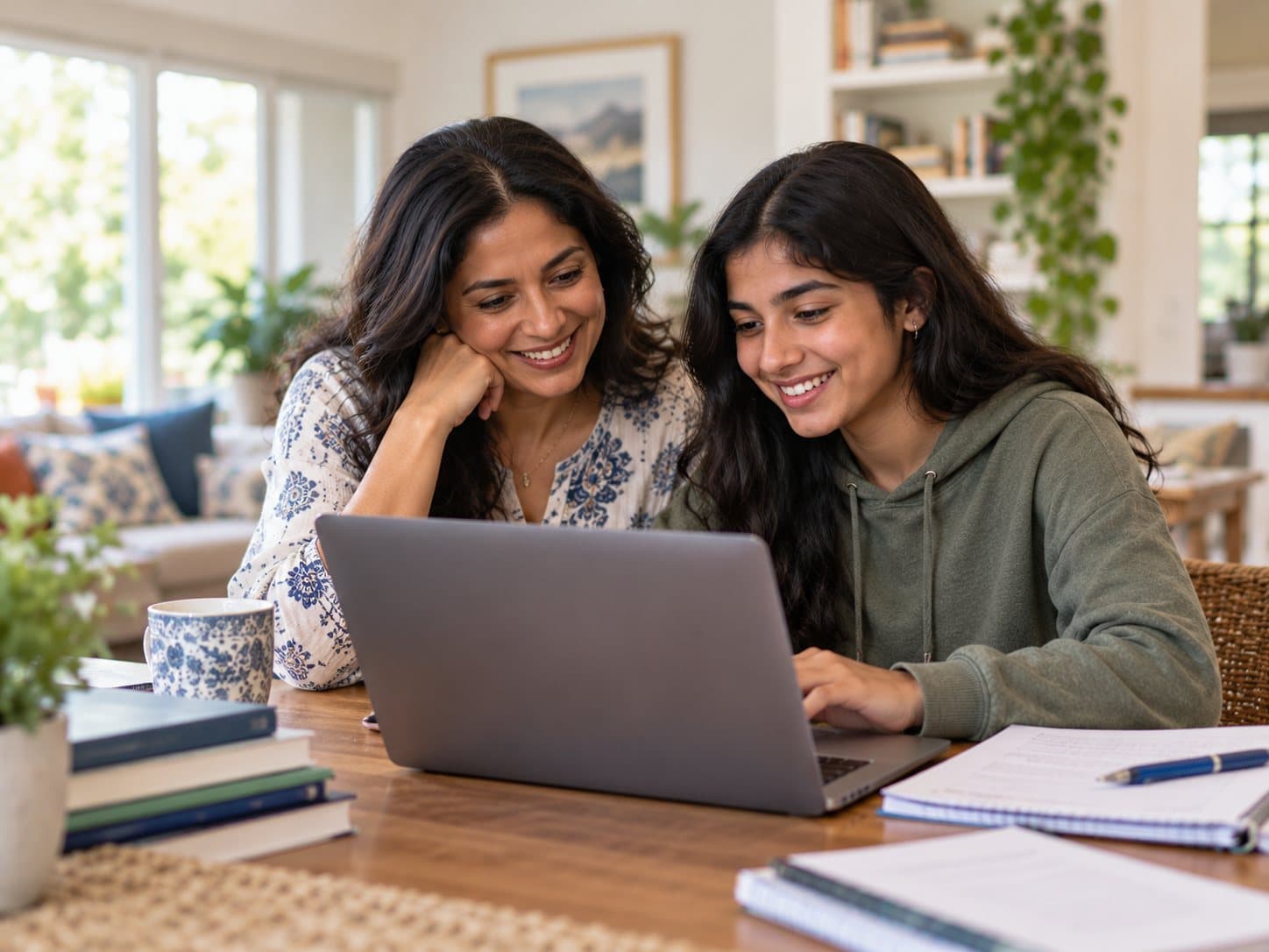 A mother and her teenage daughter smiling at a laptop together at the kitchen table.