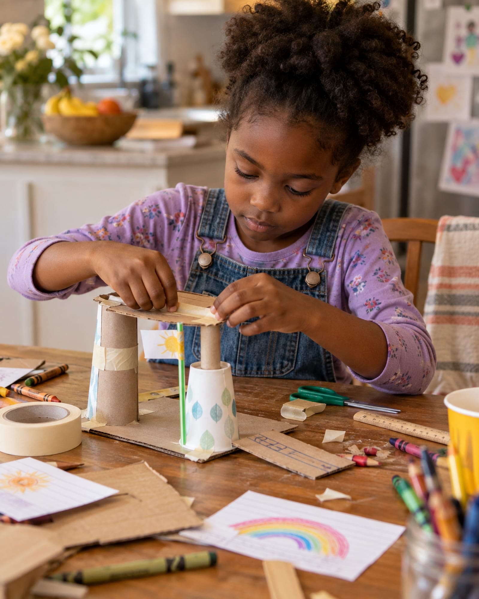 A child building a structure from cardboard, tape and paper at a kitchen table.