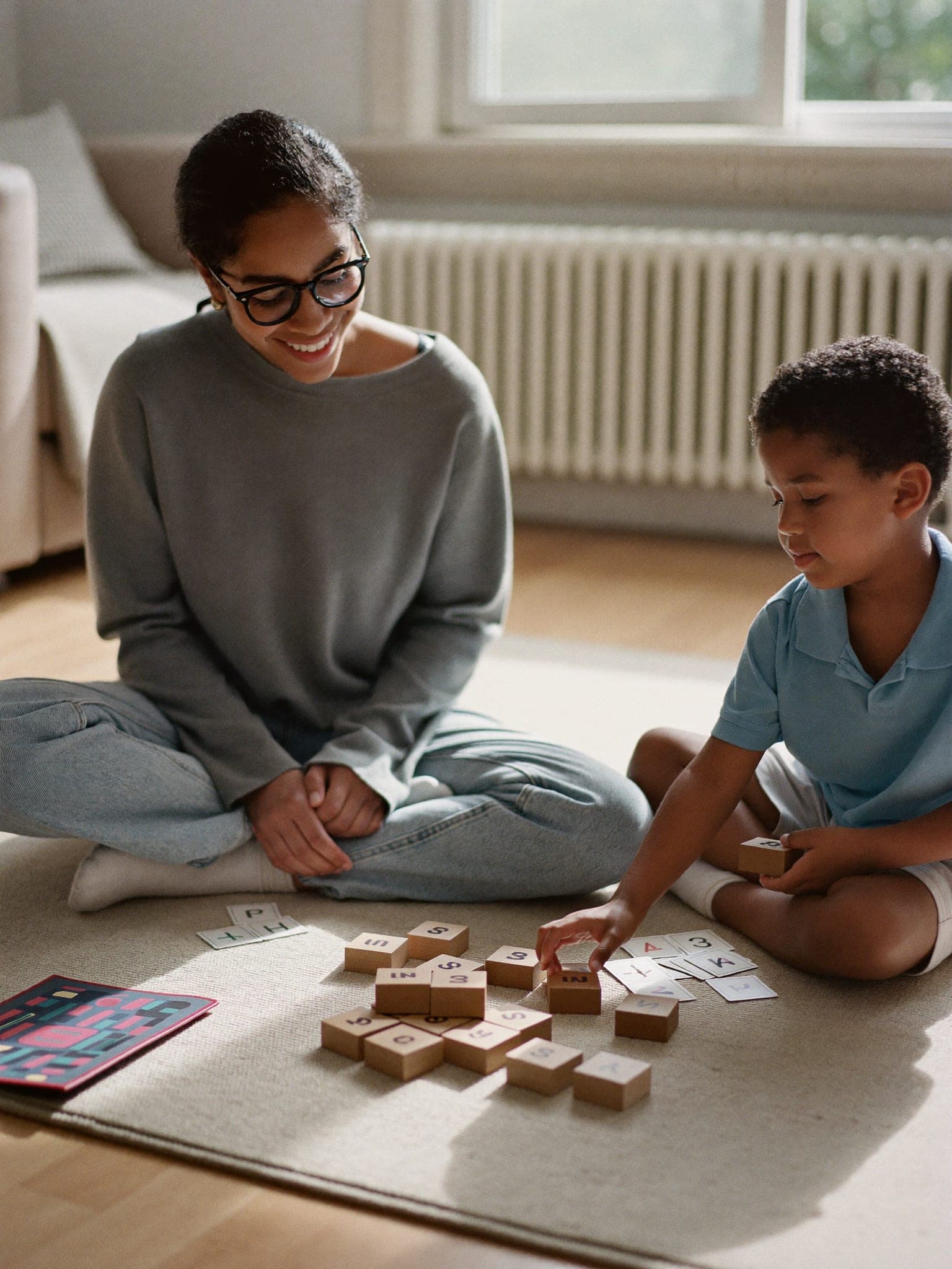 A teacher and a young child with counting blocks on a living room rug
