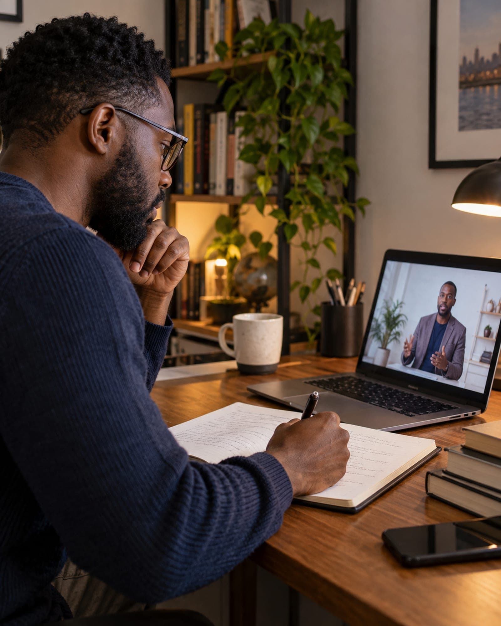 Someone watching a recorded session on a laptop with a notebook open beside it.