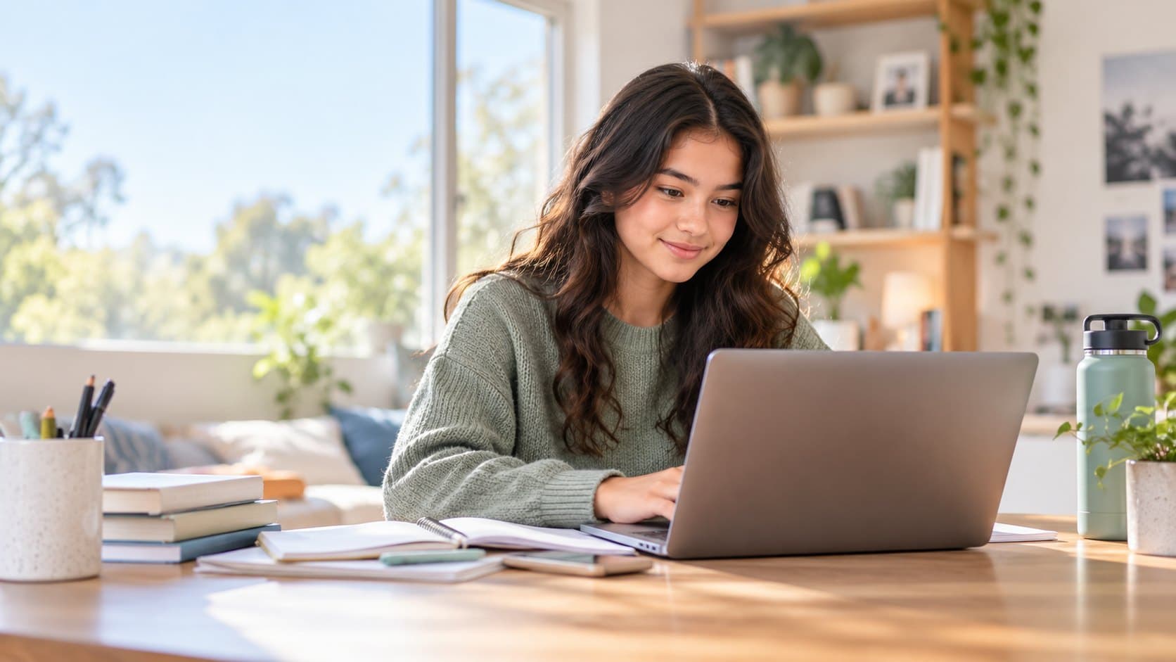 A high school student smiling as she works on a laptop at a sunny desk.