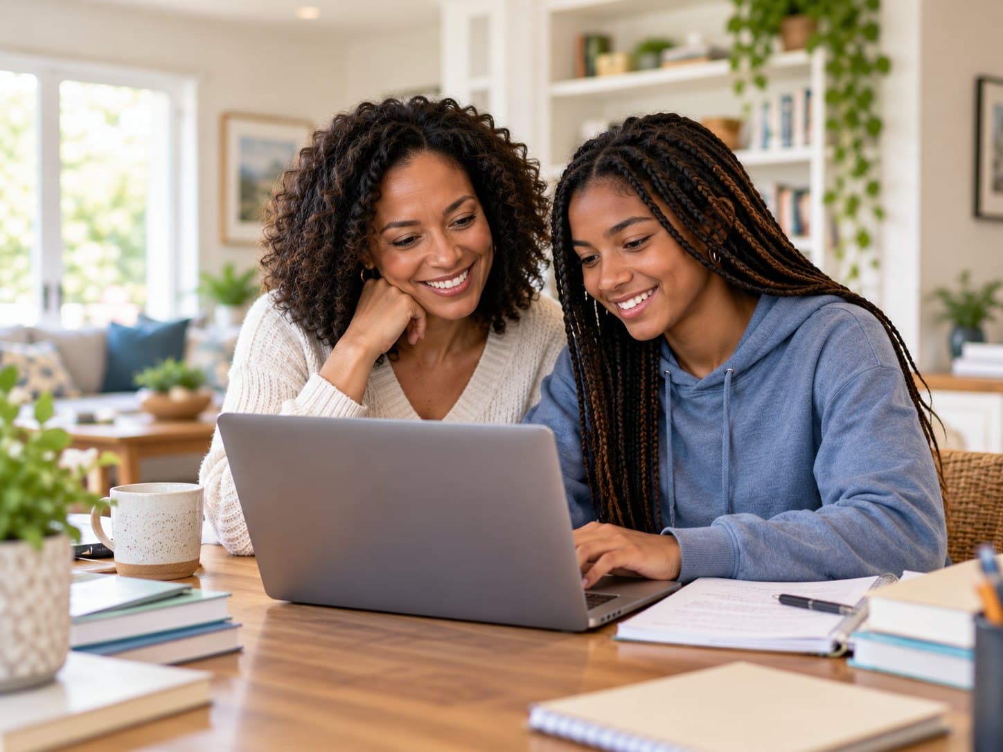 A mother and her teenage daughter smiling at a laptop together at the kitchen table.