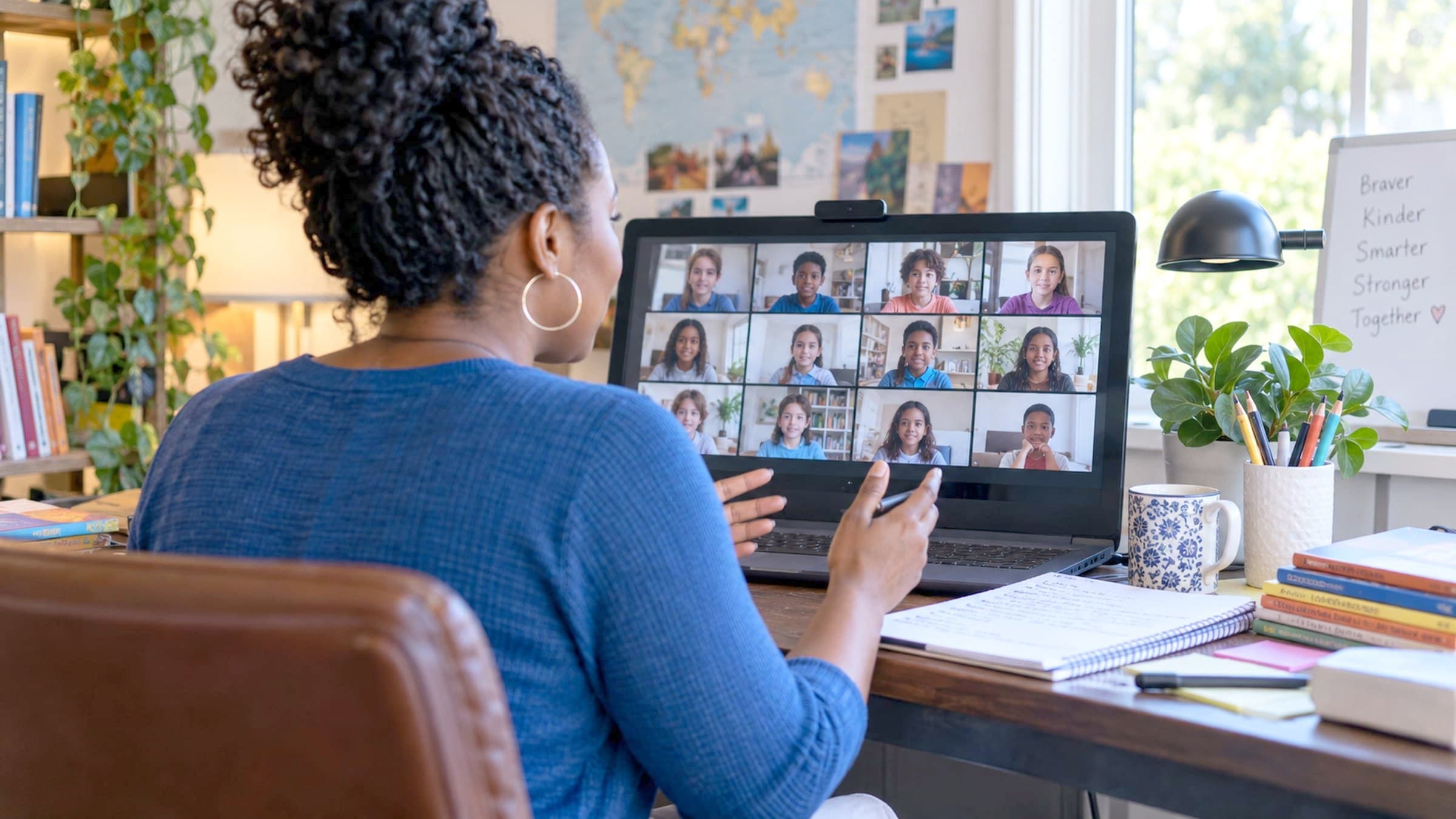 A teacher leading a live virtual class, a grid of learners on the screen and their own materials to one side.