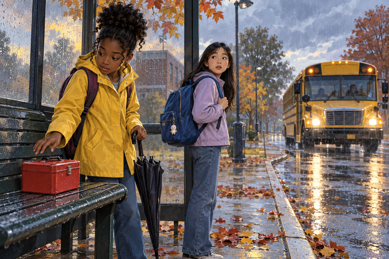 Two students at a rainy bus stop beside a red lunchbox